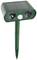 Green solar-powered animal deterrent with motion sensor and ultrasonic speakers mounted on a ground stake.