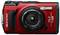 Red digital camera with zoom lens and flash, robust and waterproof, model 'TG-7' by OM SYSTEM. Suitable for outdoor photography.