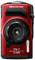 Red outdoor camera, robust and waterproof, 'TG-7' model by OM System, f2.0 aperture, 4K video recording.