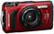 Red digital camera with a robust casing, lens, and flash. Marked as waterproof and shockproof, suitable for outdoor photography.