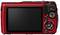 Back of a red digital camera with display and visible controls.