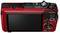 Red digital camera viewed from behind with a large display, multiple buttons, and a mode dial, suitable for photography and video recording.