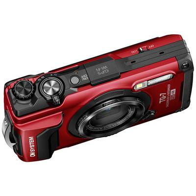 Red digital camera viewed from above with multiple controls and a lens. It is rugged, compact and suitable for outdoor activities.