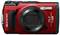Red and black digital camera, dust-proof and shock-resistant, with 4K recording function, lettering 'OM SYSTEM' and 'TG-7'.
