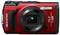 A red digital camera 'OM System TG-7' with a shock-proof and waterproof housing, 4K resolution and f/2.0 aperture.