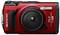 Red digital camera with lens in the centre, flash located top right, and control buttons on the side. Suitable for outdoor photography.