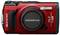 Red outdoor camera by OM SYSTEM, Model TG-7, shock-proof and waterproof, with 4K video recording. Main controls are visible.