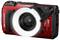 Red digital camera with a robust housing and integrated ring light. It is shock-resistant and waterproof, suitable for adventure photography.