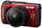 Digital camera in red, robust design. Inscription: 'OM SYSTEM TG-7, waterproof, shockproof, F2.0, 4K'.