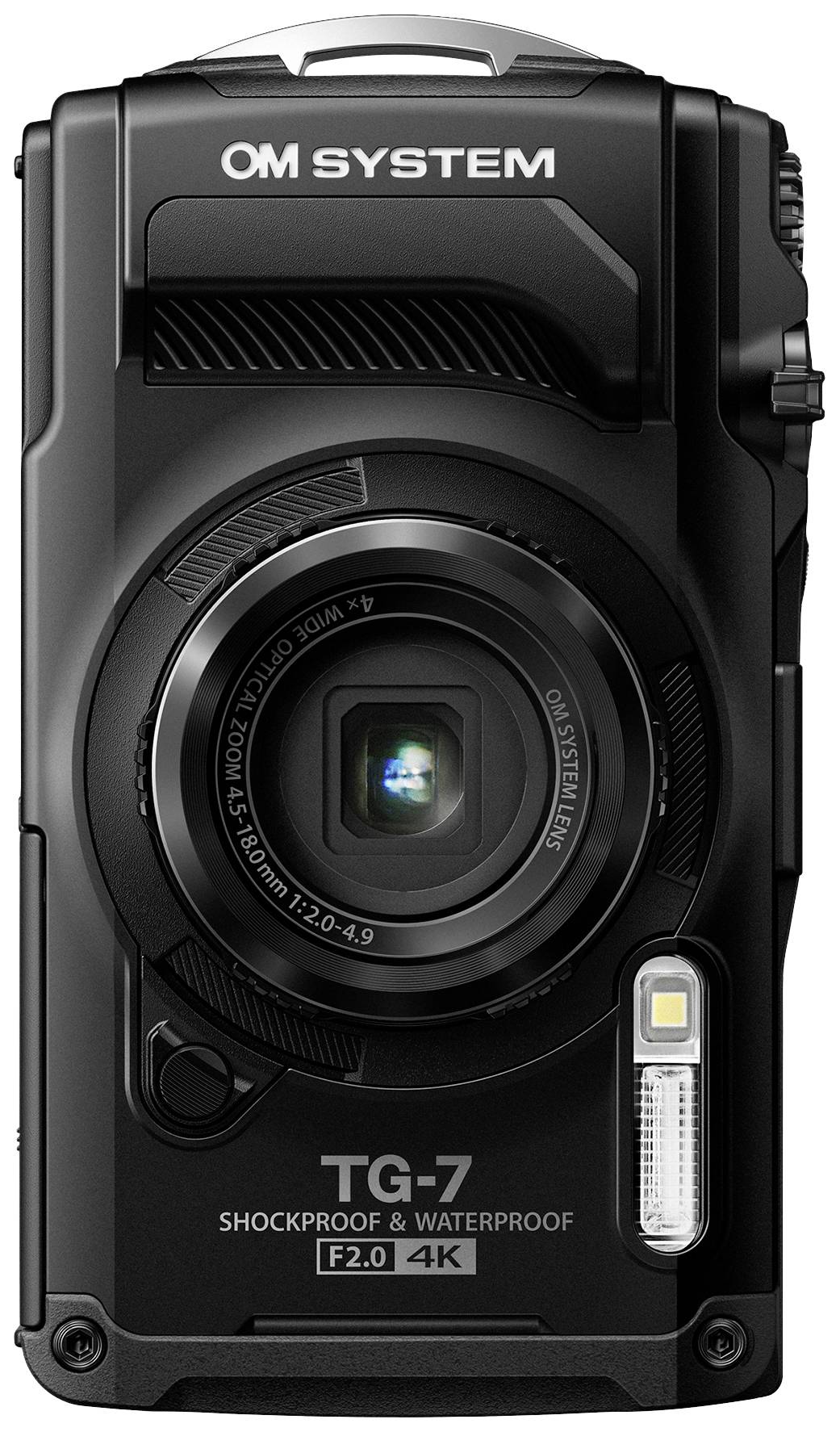A compact black camera with 'OM System TG-7' printed on it, waterproof and shockproof, with a lens and flash on the front.