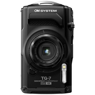 A compact black camera with 'OM System TG-7' printed on it, waterproof and shockproof, with a lens and flash on the front.