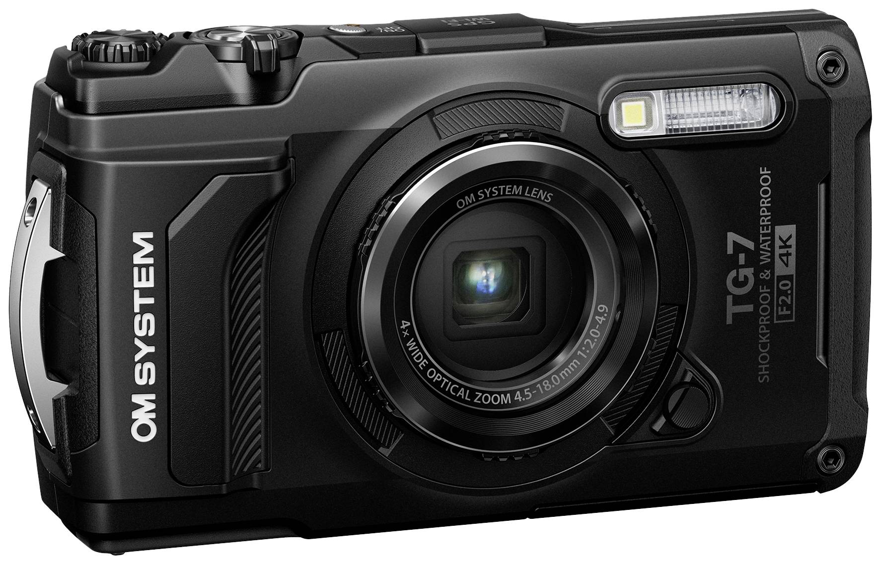 Black, robust camera with zoom lens. Marking: 'OM System' and 'TG-7'. Suitable for outdoor adventures due to its shock resistance.