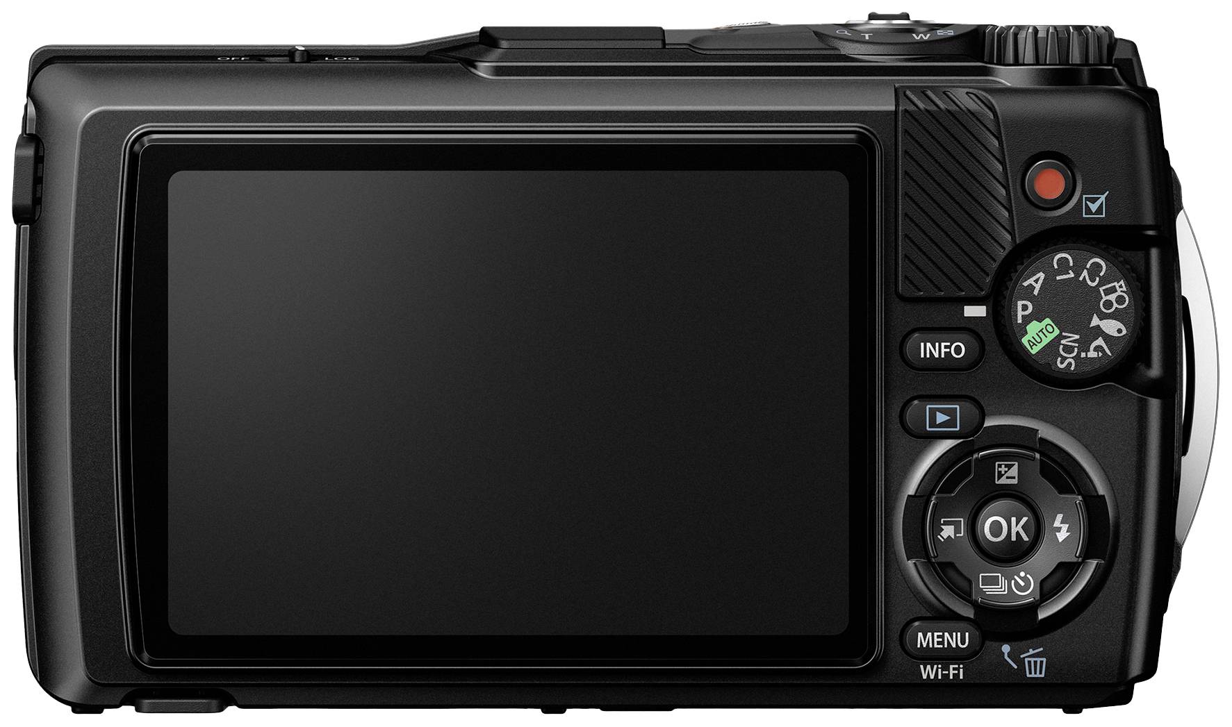 Back of a digital camera with a large screen and multiple control buttons for adjusting camera settings.