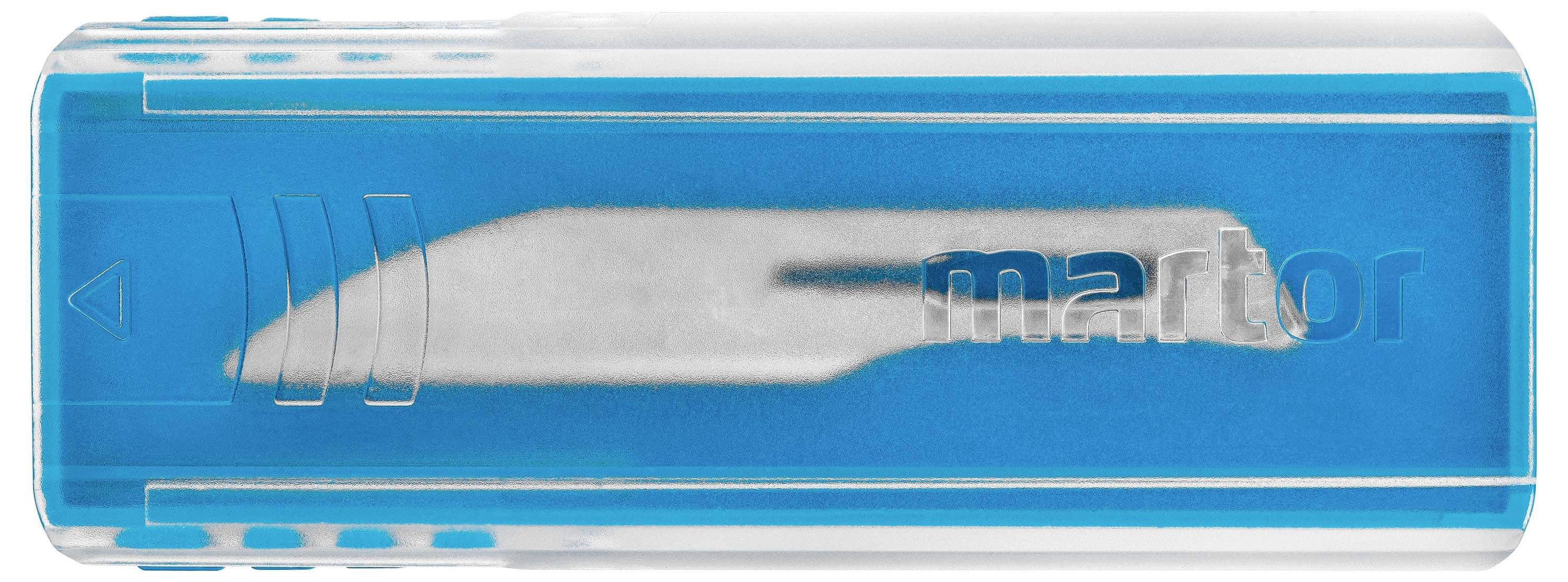 A blue plastic case containing a silver, flat blade. 'Martor' is slightly visible on the right side.