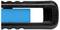 Close-up of a black plastic object with a blue element in the centre. The shape resembles a handle or holder.