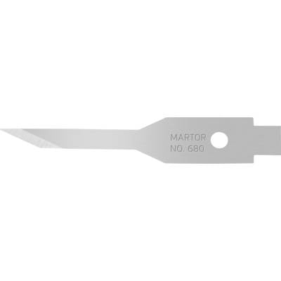 Silver replacement blade with the engraving 'MARTOR NO. 680', tapering to a point with a circular recess near the base.