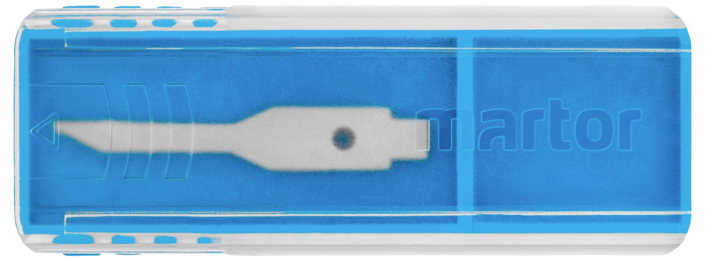 A blue plastic box with a single spare blade compartment, where a silver blade is visible.