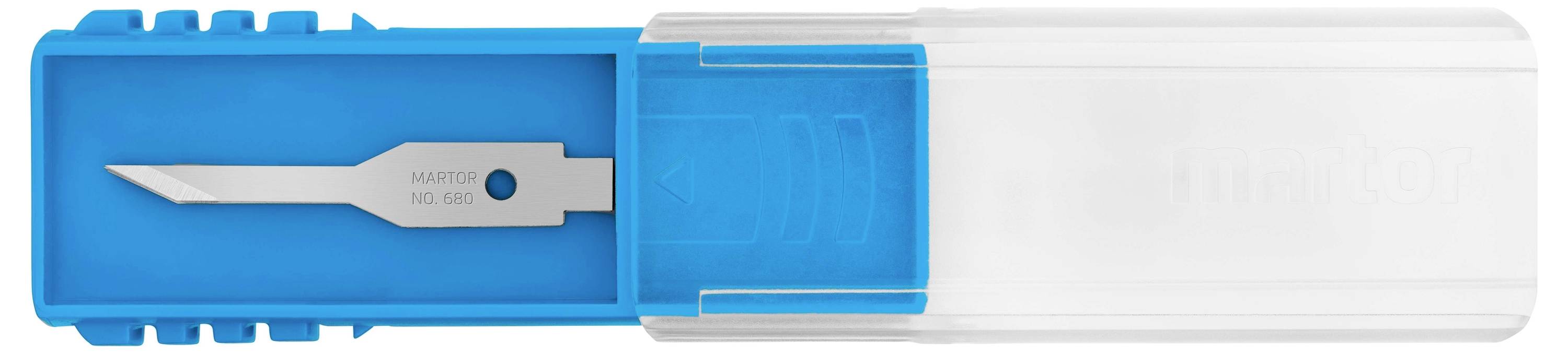 Blue disposable scalpel with a visible sharp blade and transparent safety slide in position.