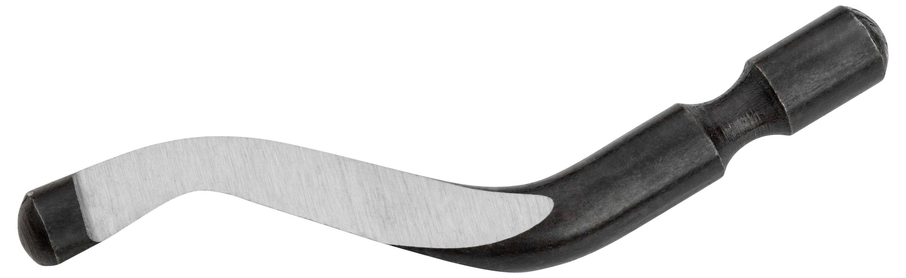 Metal deburring blade with a curved shape, used for smoothing and removing burrs from machined materials.