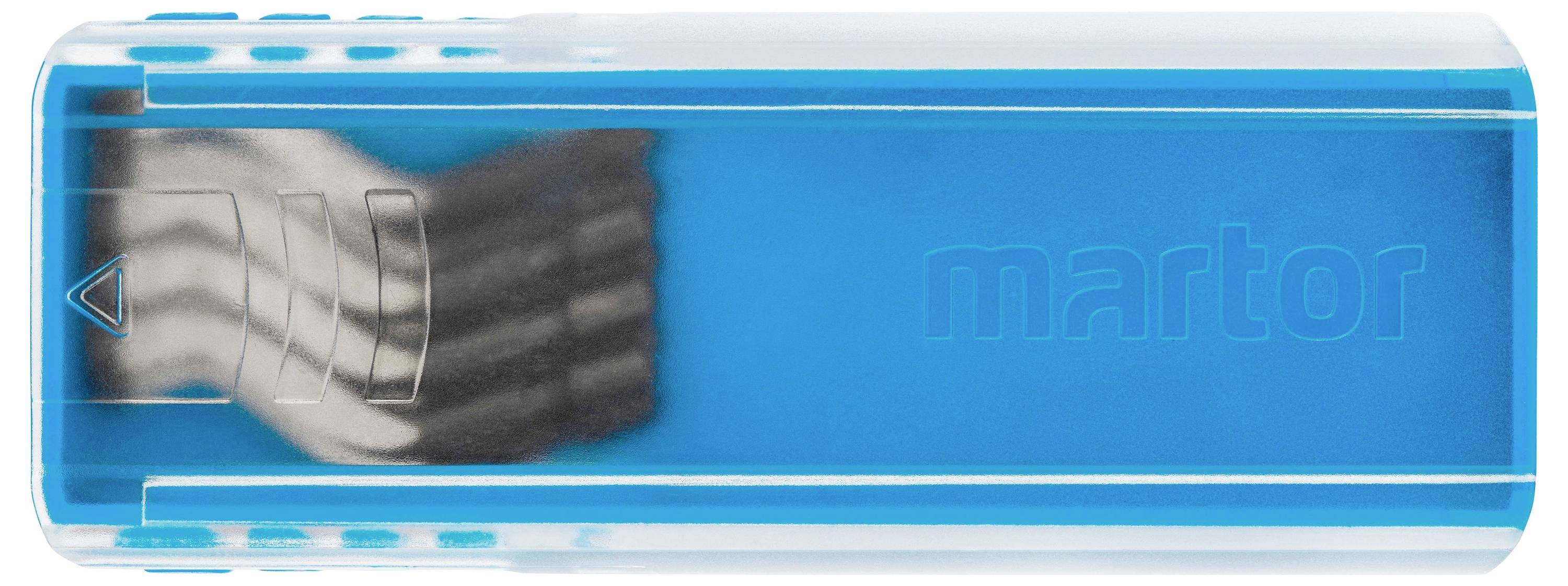 Blue Martor safety knife with blade retracted into a transparent sheath.