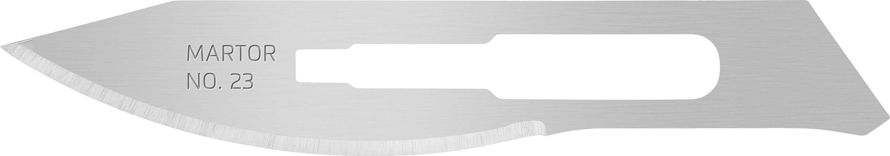 Scalpel blade marked 'MARTOR NO. 23', made of polished metal, designed for precise cutting in craft or medical applications.