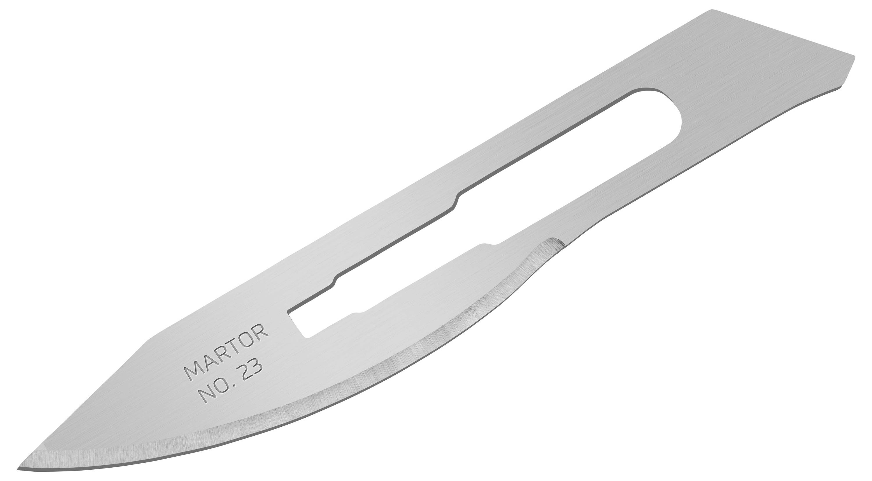 A silver scalpel blade inscribed with 'MARTOR NO. 23', suitable for precise cutting work in medical or craft applications.
