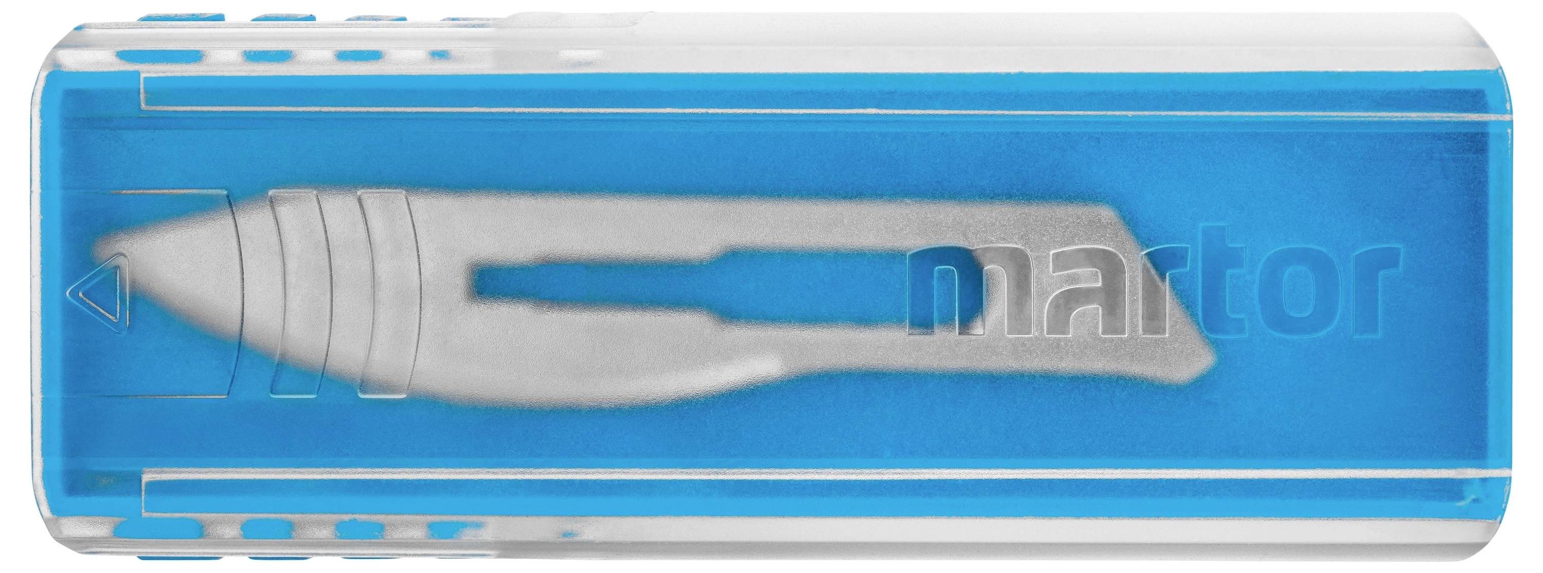 Cutting blade in blue plastic case, positioned horizontally.