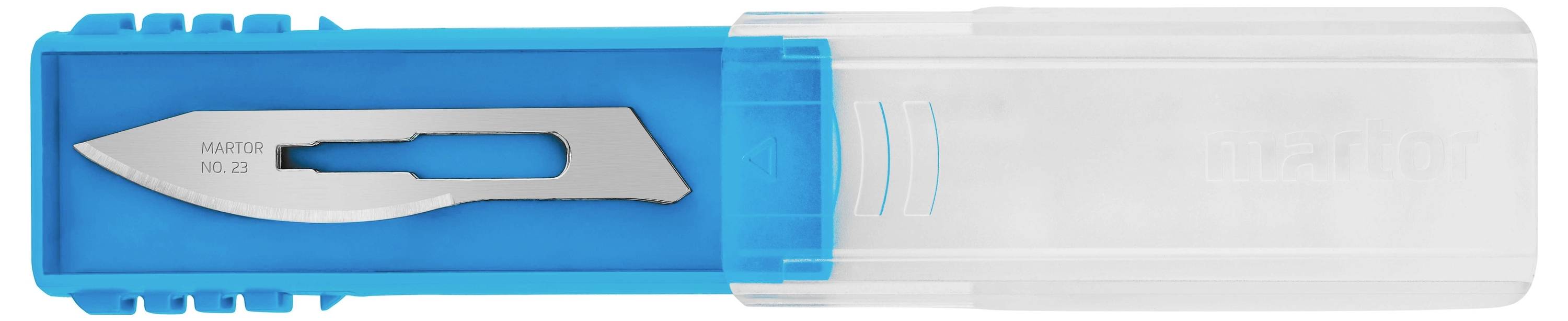 A scalpel in a blue plastic packaging. The blade is silver and sharp. The packaging is transparent on one side.