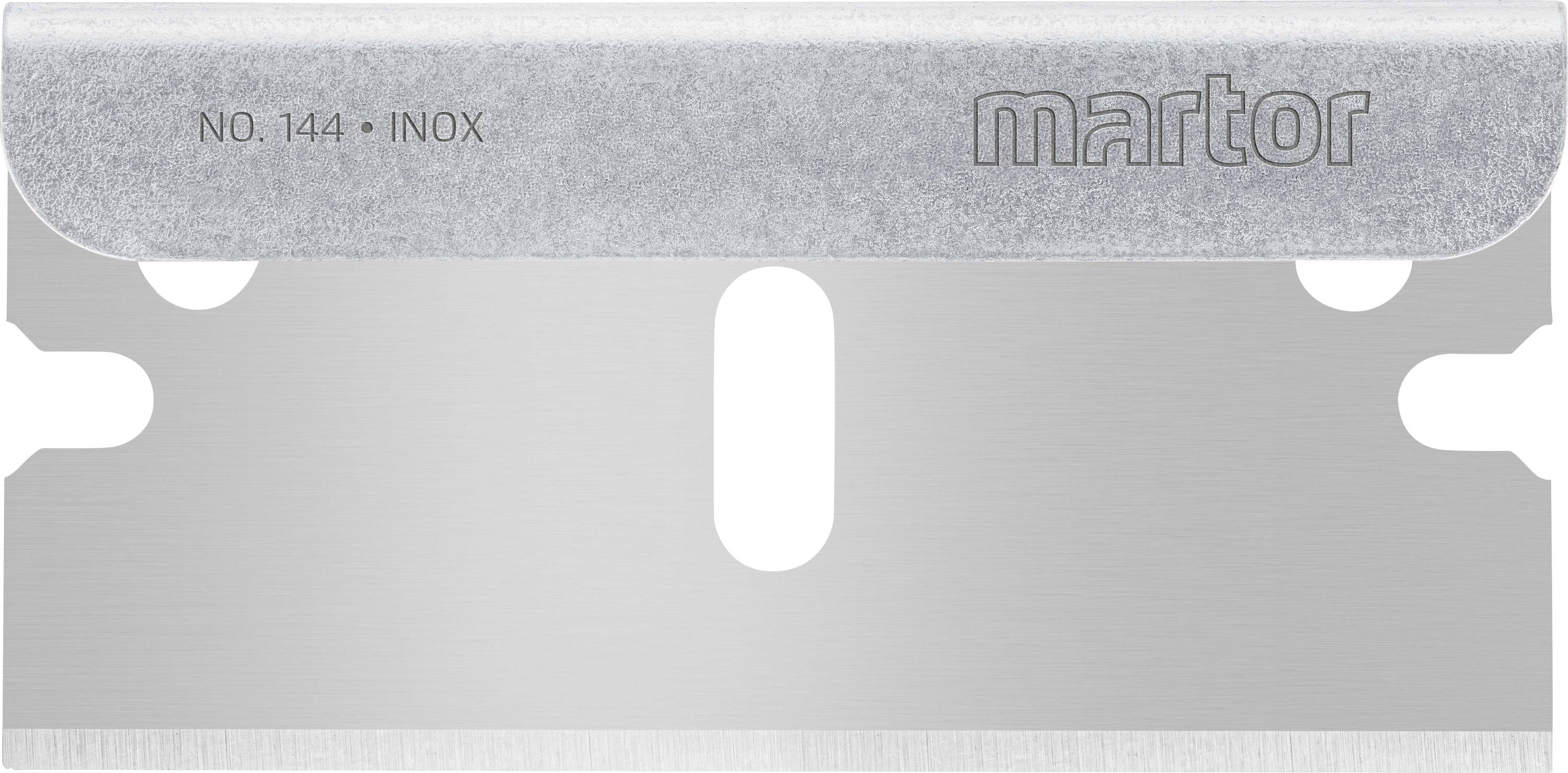 A silver razor blade replacement part with the inscription 'NO. 144 - INOX', with a brand logo in the top right corner.