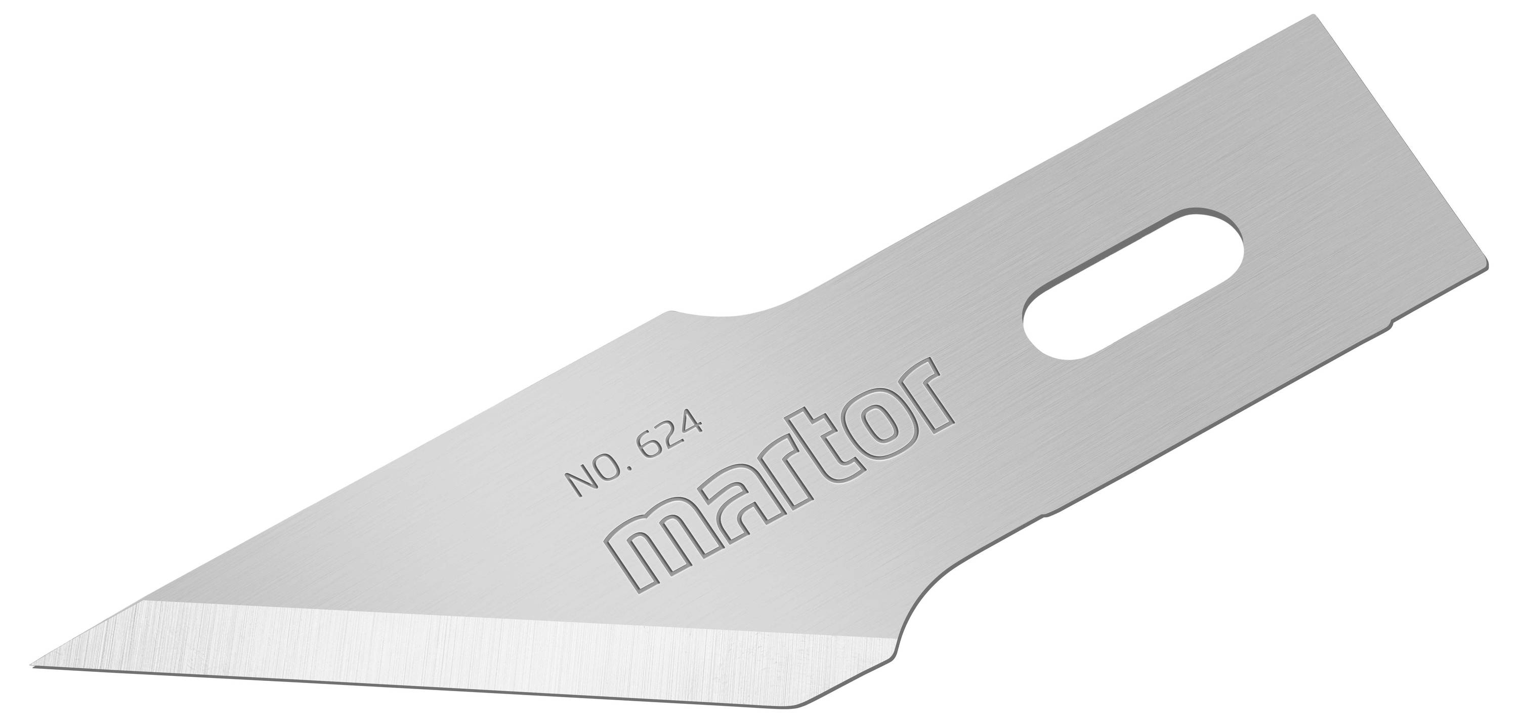 Pictured is a silver blade with the engraving 'martor No. 624'.