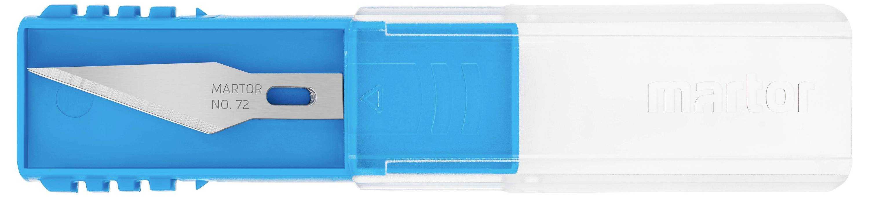 A blue and white safety knife with a protected blade, suitable for safely cutting materials.