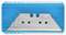 A blade in a blue plastic box. The blade has several holes and a notch at the upper edge, suitable for tools.