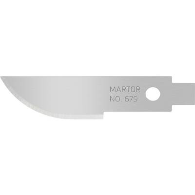 A silver replacement blade with a curved cutting edge and a straight back, marked with 'MARTOR NO. 679', featuring a hole for attachment.