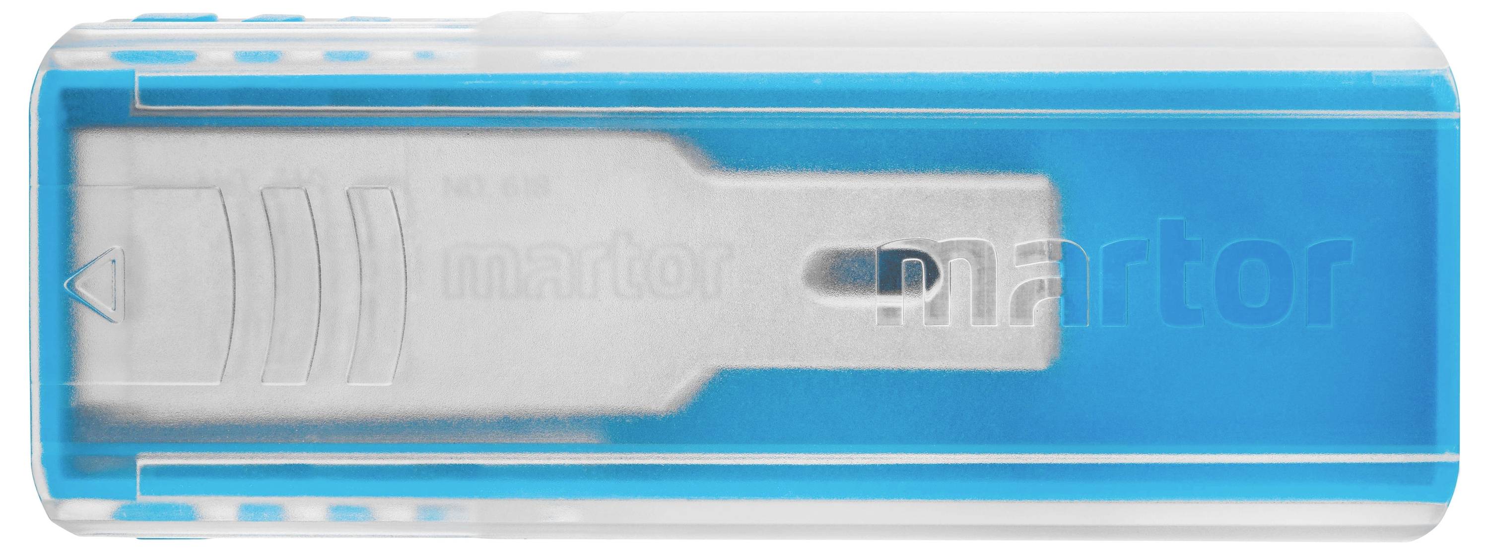Blue replacement blade holder by Martor, rectangular with transparent lid, revealing the blade inside.