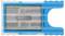 Safety blade guard with blue plastic border and transparent casing; contains a blade for a razor.
