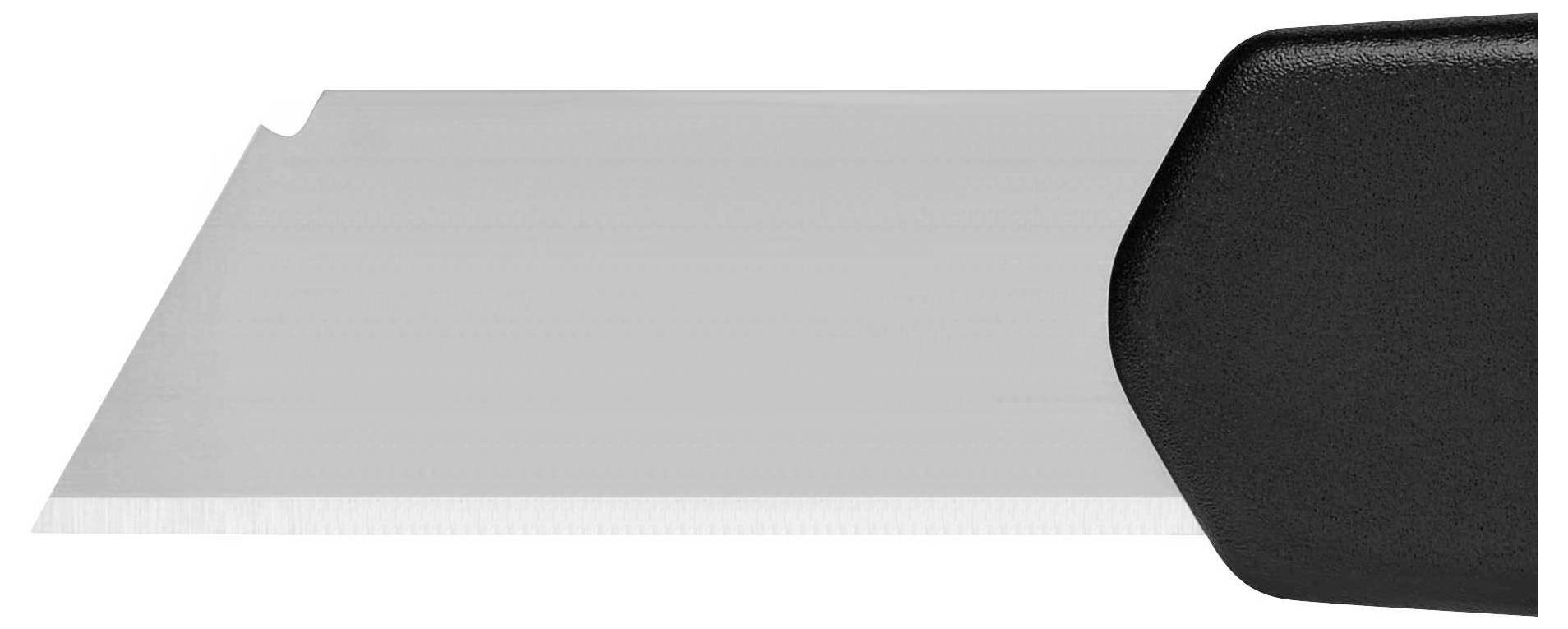 A silver razor blade knife with a black plastic handle on a white background.