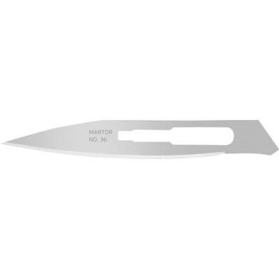 A silver replacement blade marked 'Martor No. 36', long and slender, primarily used for cutting materials.