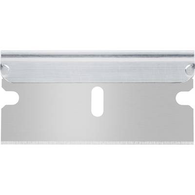 A single metal razor blade, with a sharp cutting edge on the underside and an opening in the centre.