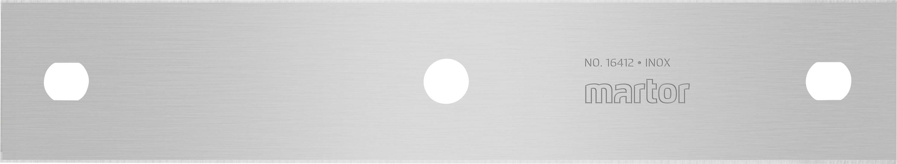 'Martor Replacement Blade No. 84200', made of stainless steel, rectangular, with two diamond-shaped and one round hole for securing. Ideal for cutting tools.