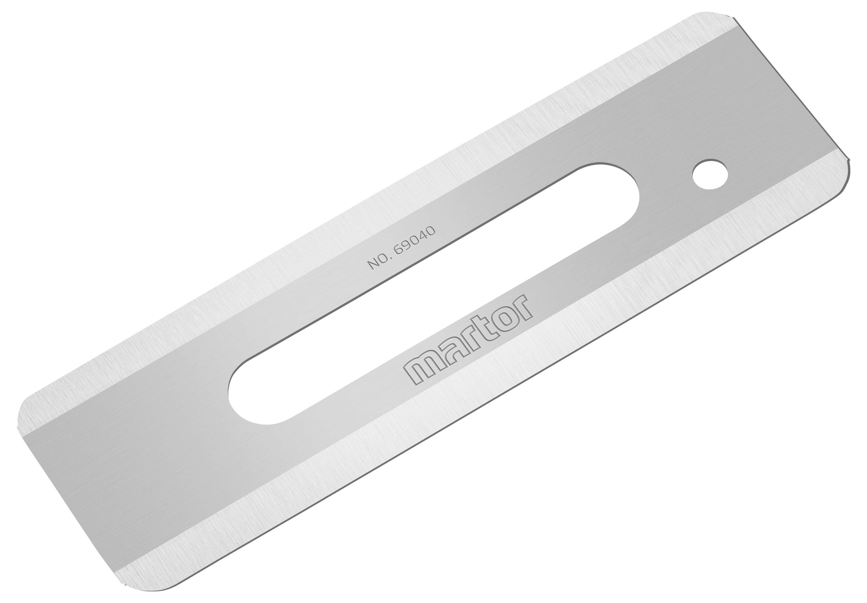 A silver trapezoid blade knife with an oval opening in the middle, on which the inscription 'martor' and 'NO. 69040' are engraved.