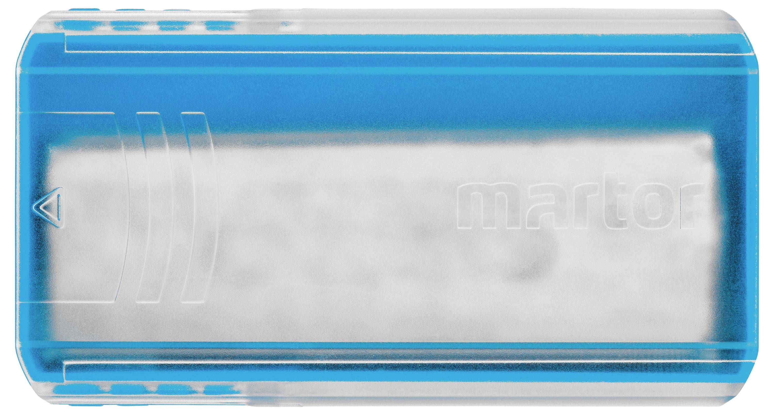 Transparent plastic box with blue edging, containing a white object, embossed with 'martor'.