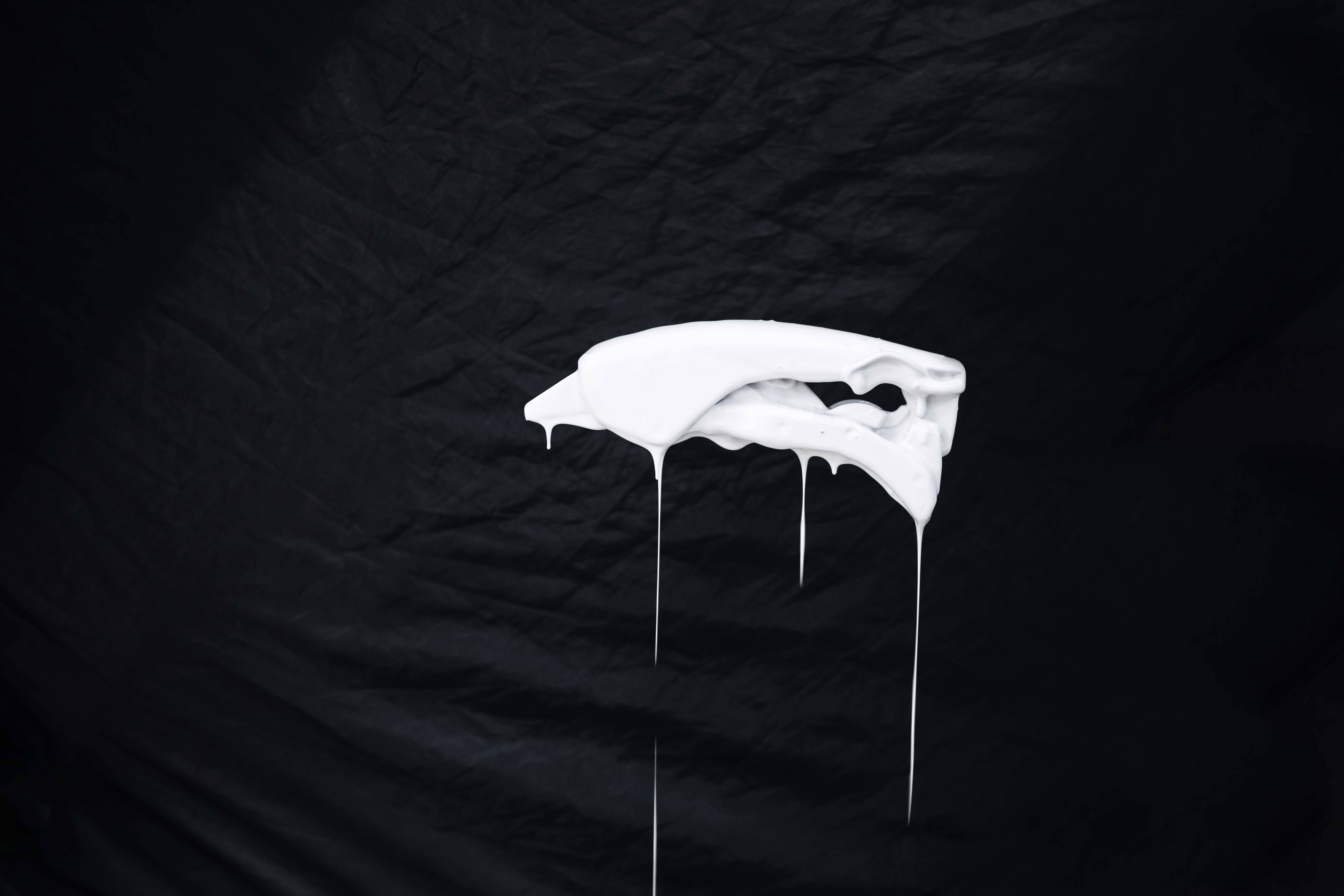 A white skull format dipped in white, dripping paint, against a dark background.
