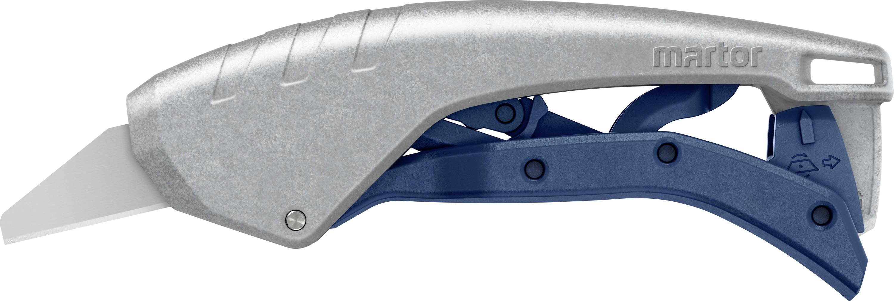 Metallic safety knife with blue plastic handle mechanism and extendable, non-locking blade for rapid cutting.