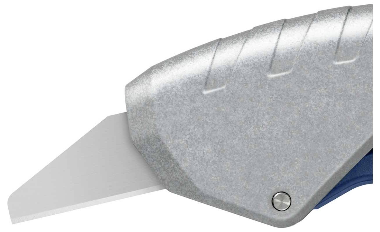 A silver multi-tool with its blade extended, captured in close-up, reveals the texture and form of its metal casing.