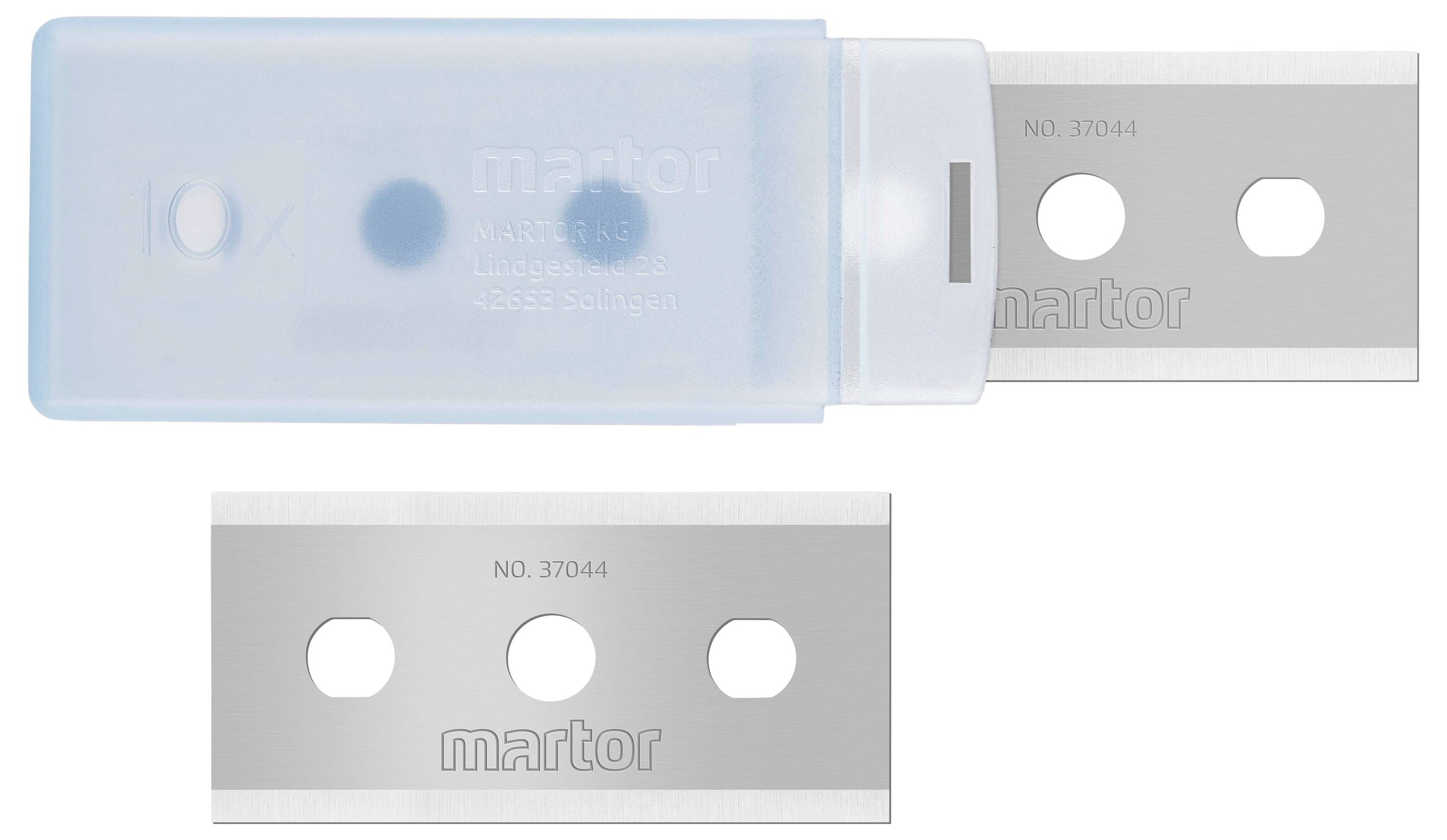 A razor blade set with grey blades and a blue holder. The blades have two round holes and are made of steel. Brand name 'martor'.