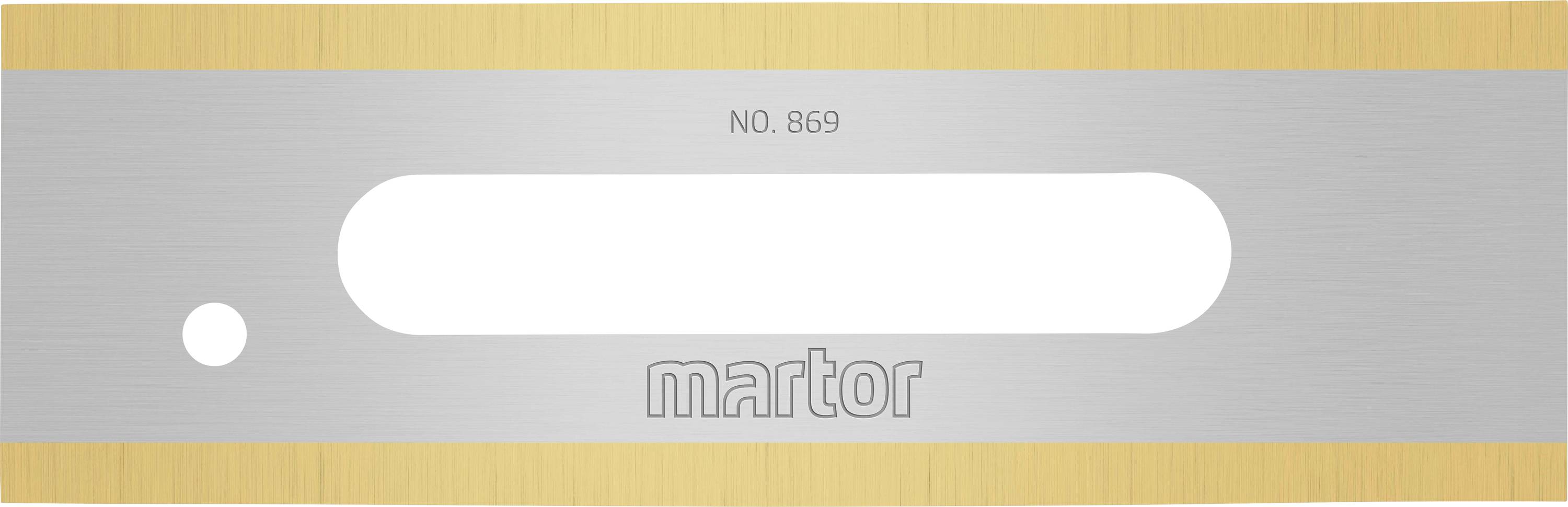 Metal cutting blade with an oval hole in the centre, yellow border and embossed marking 'martor No. 869'.