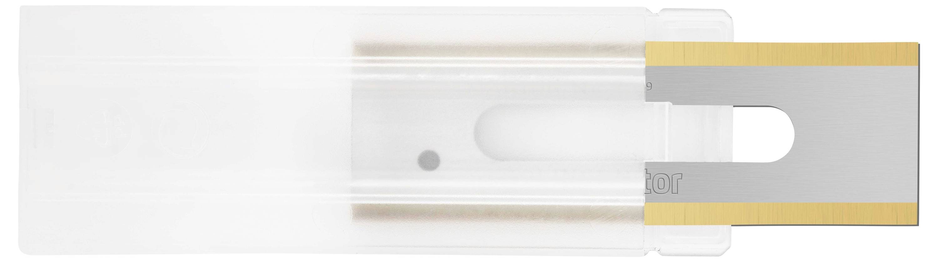 White-gold plastic razor blade holder casing with visible blade.