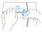 Two hands open a cardboard box using a craft knife. An arrow indicates the cutting angle of 45 degrees.