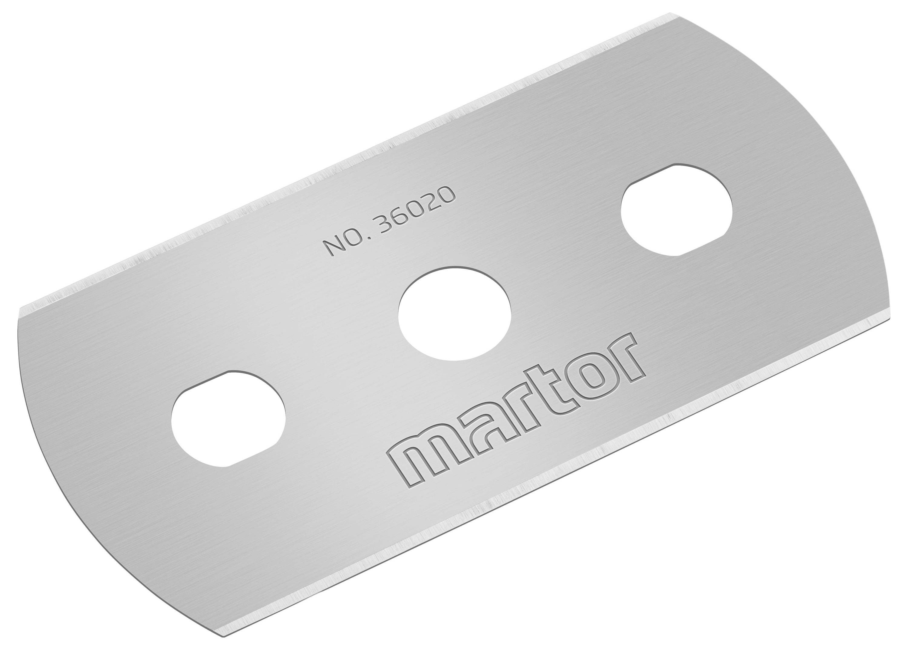 Silver Martor safety razor blade with three round openings; Model number 36020.