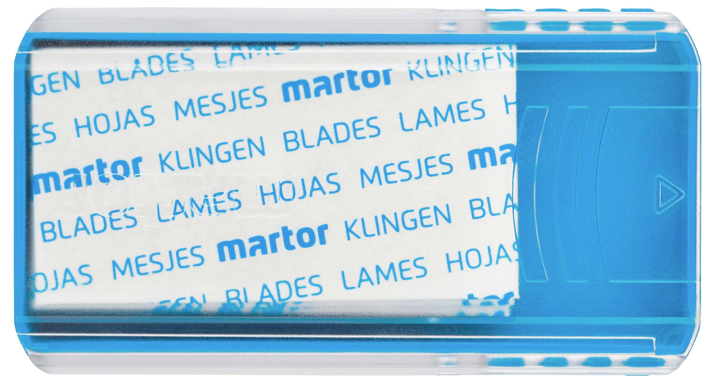 A transparent case with spare blades, containing a sheet labelled 'martor BLADES LAMES HOJAS MESJES HOJAS'.